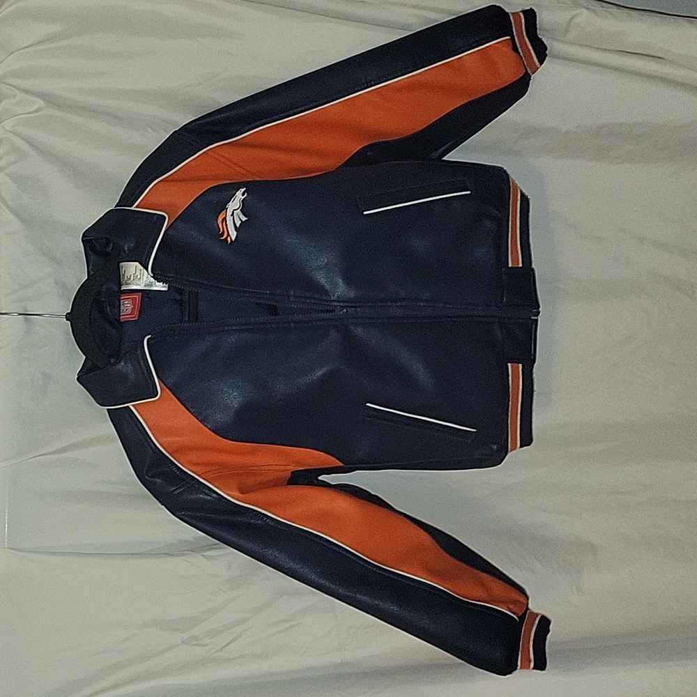 NFL Kids 2K Varsity Vintage Pleather Broncos Size Med (10-12) Thick Winter Coat